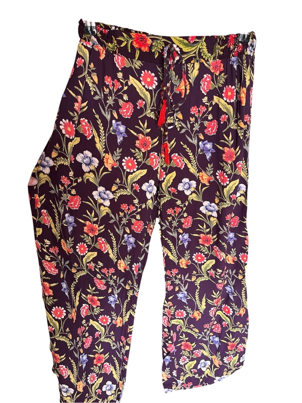 Angie Wide Leg Purple Floral Elastic-Waist Pants Small - Picture 2 of 10